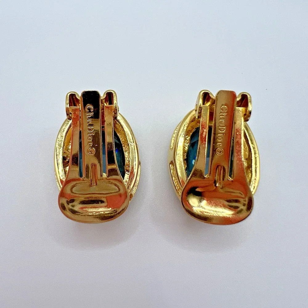 Christian Dior Earrings London Blue Open Bezel Crystal Oval Gold Plated Clip Vtg